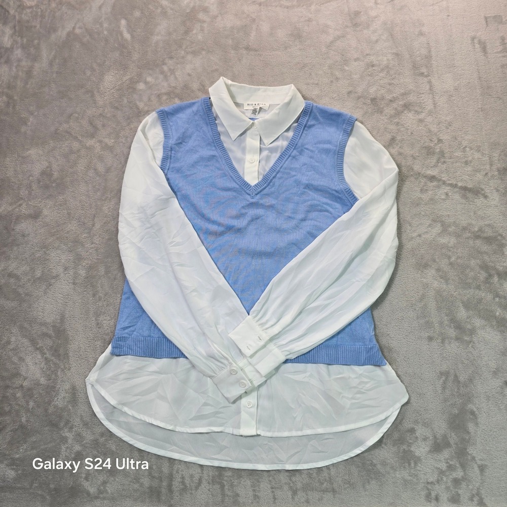 Rio & Rian New York Blue Sweater Vest Layered White Shirt Top BCS14789 Medium